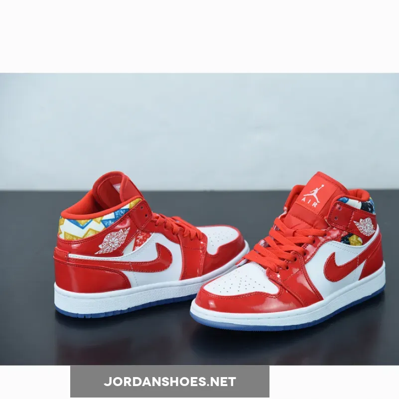 Red Patent Air Jordan 1 Mid With Geometric Prints Jordan Barcelona Sweater