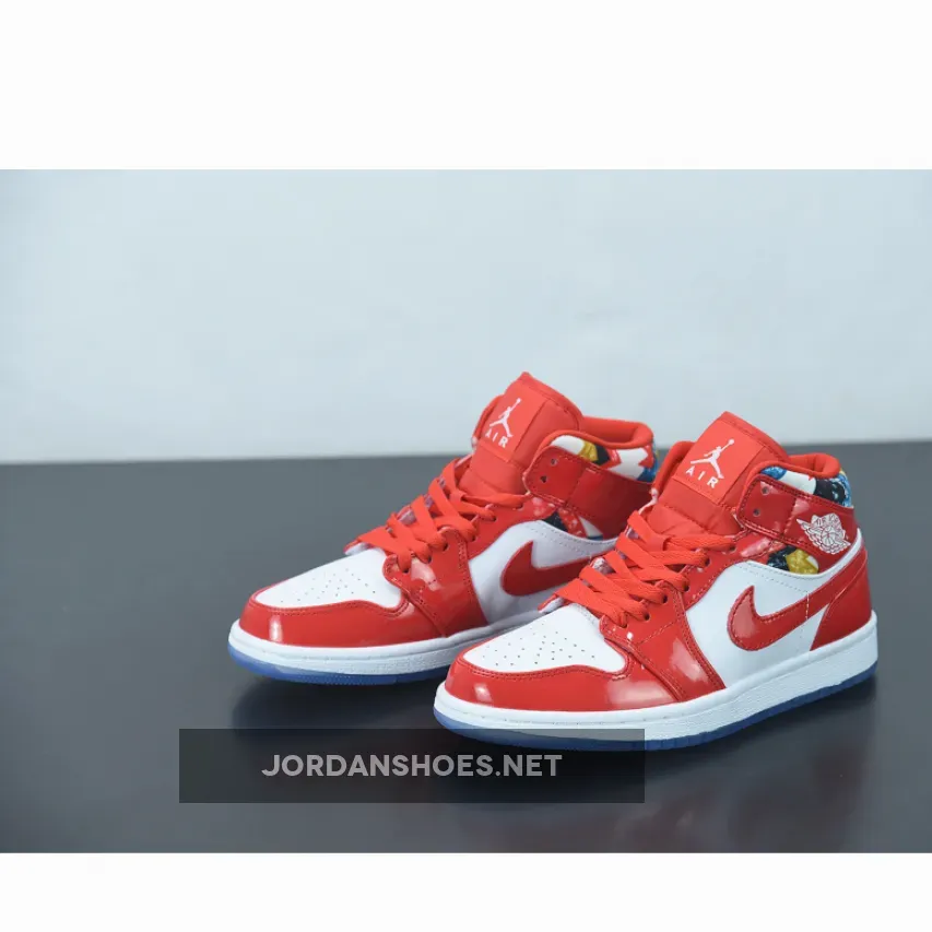 Red Patent Air Jordan 1 Mid With Geometric Prints Jordan Barcelona Sweater