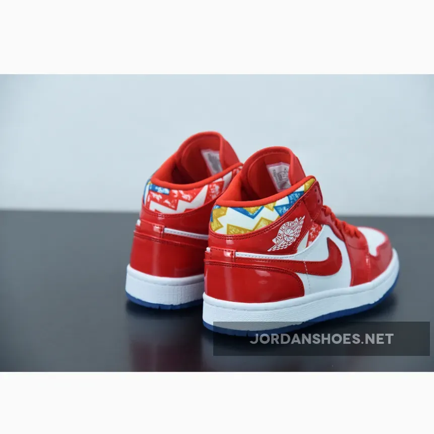 Red Patent Air Jordan 1 Mid With Geometric Prints Jordan Barcelona Sweater