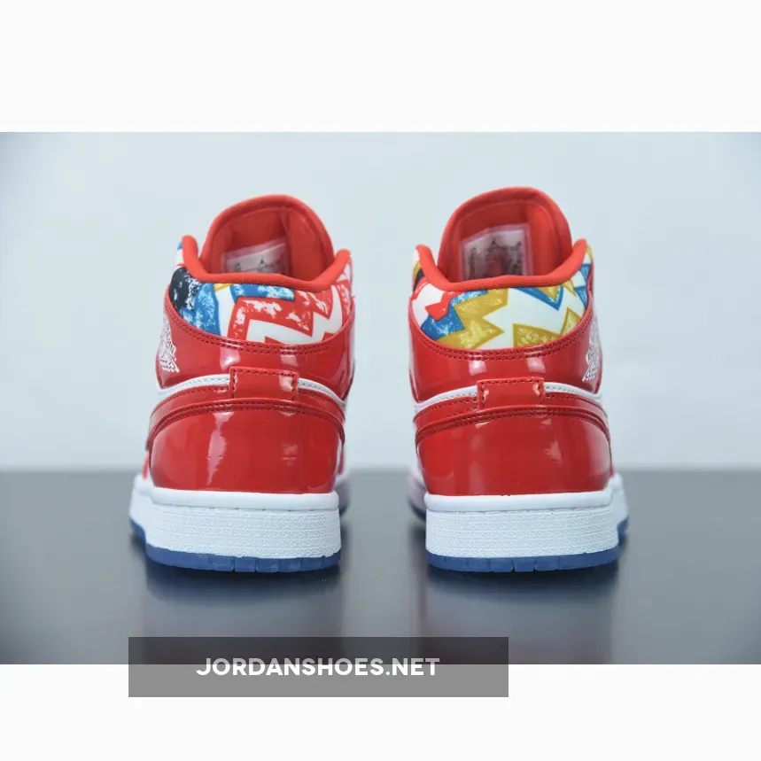 Red Patent Air Jordan 1 Mid With Geometric Prints Jordan Barcelona Sweater