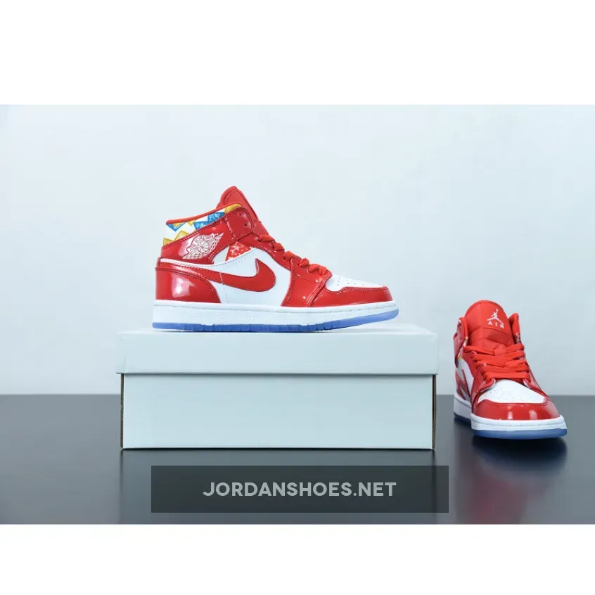 Red Patent Air Jordan 1 Mid With Geometric Prints Jordan Barcelona Sweater